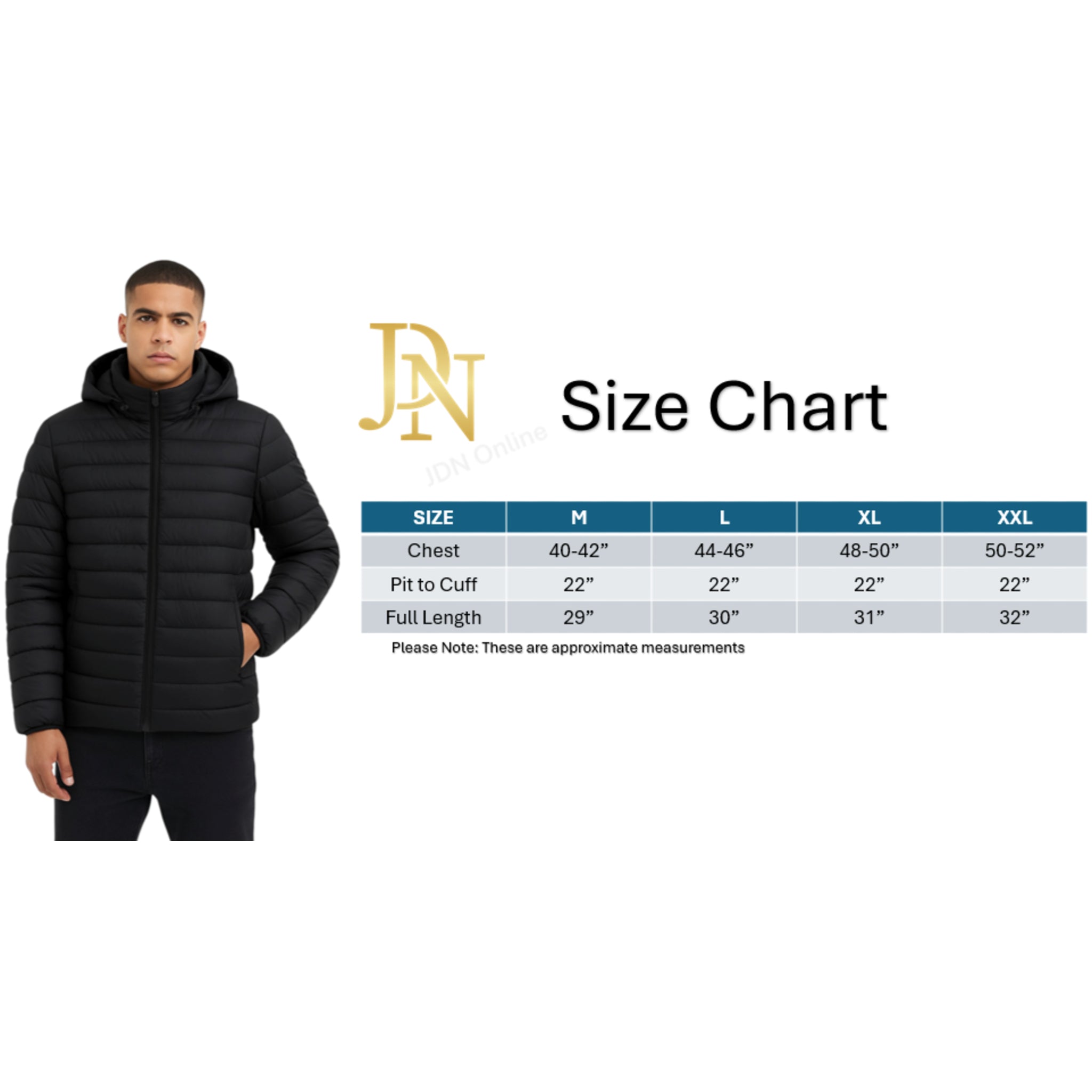 JDN men’s black or navy puffer coat with detachable hood and zip pockets UK winter jacket